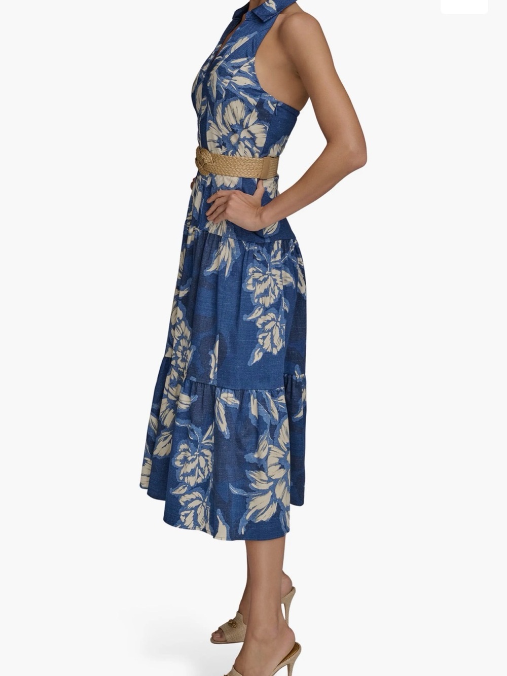 Donna Karan Blue and Cream Halter Floral Midi Dress Size 14 missing belt - Picture 3 of 6